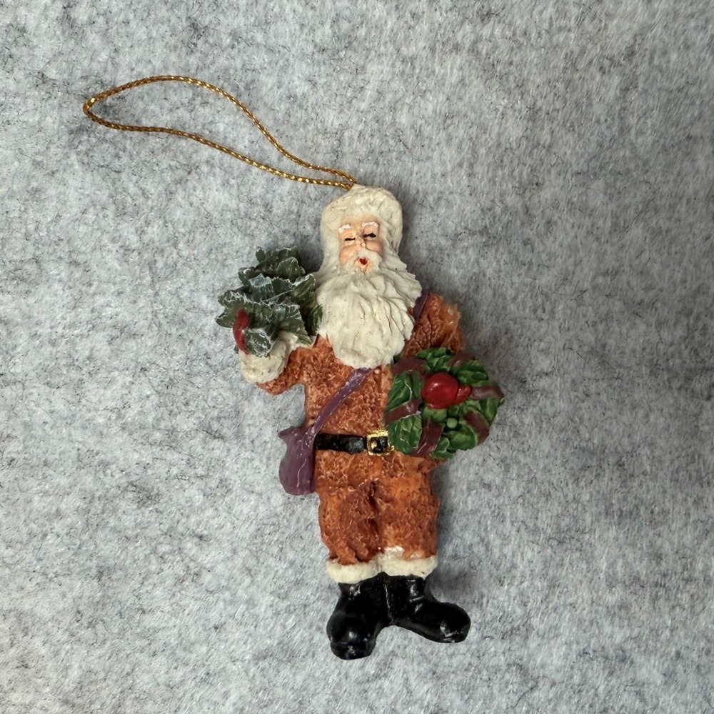 Vintage Resin Small Santa Clause Carrying Tree Christmas Hanging Ornament